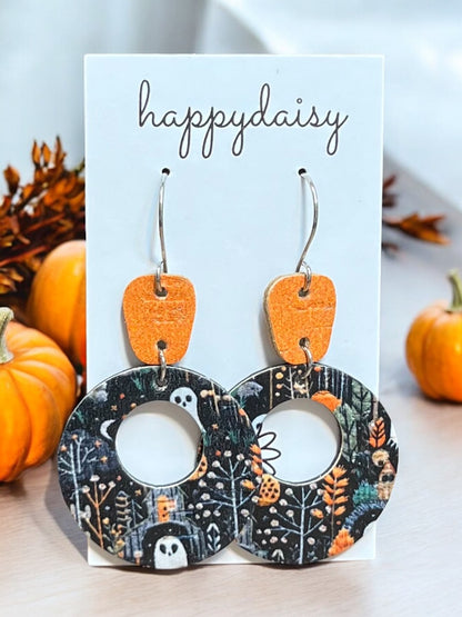 Halloween Print Orange Black Cork on Leather "Mandy" Earrings