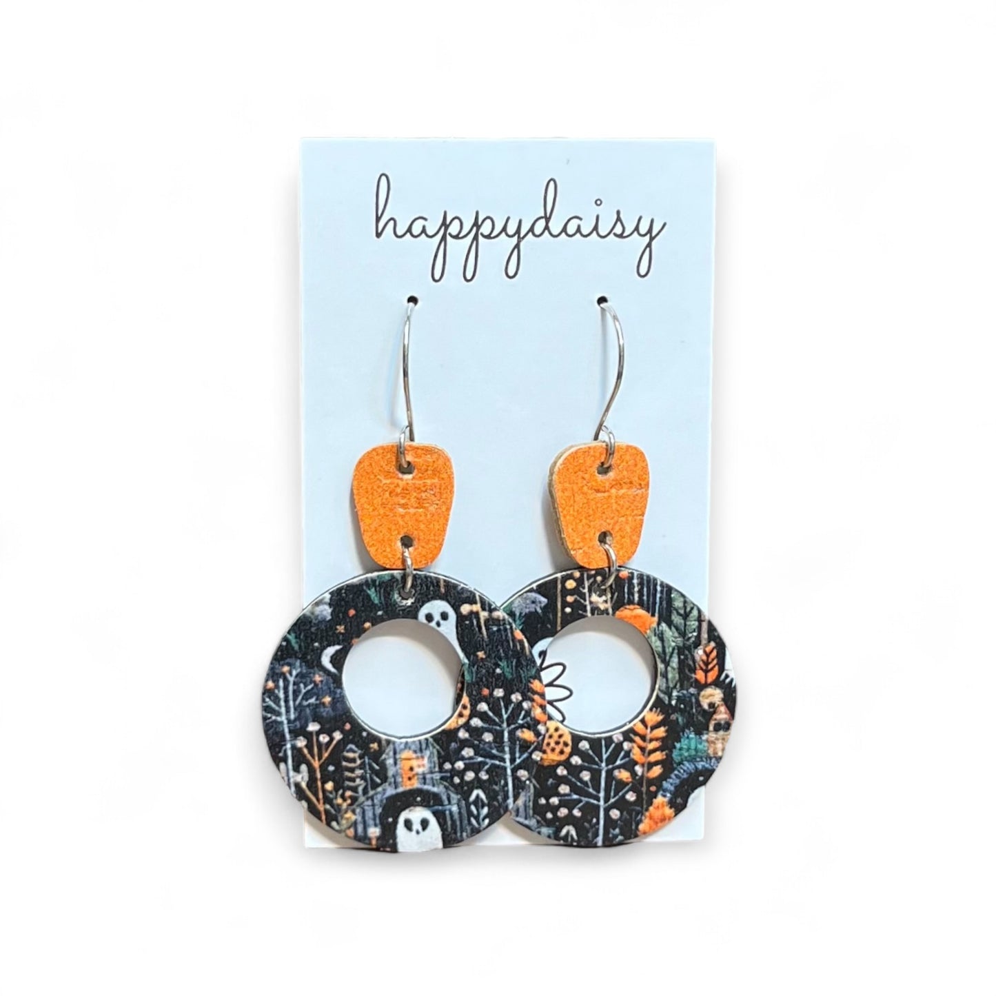 Halloween Print Orange Black Cork on Leather "Mandy" Earrings