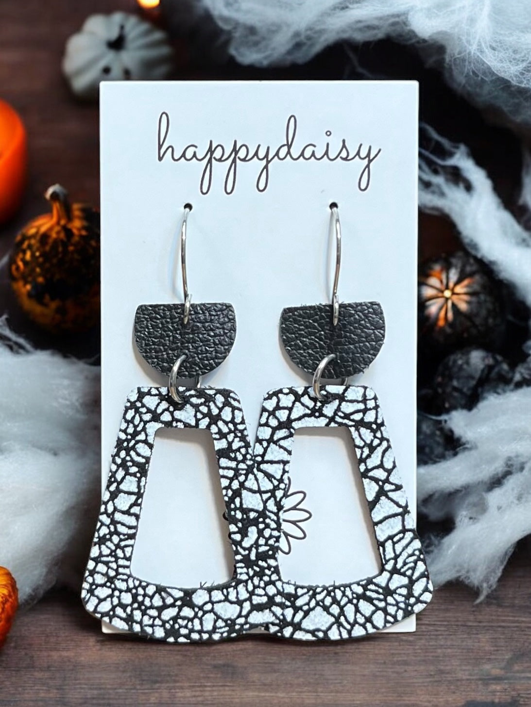 Halloween Black and White Leather Earrings