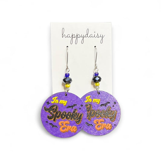 Halloween Purple Orange Yellow Circle Wooden "In my Spooky Era" Earrings with Beads