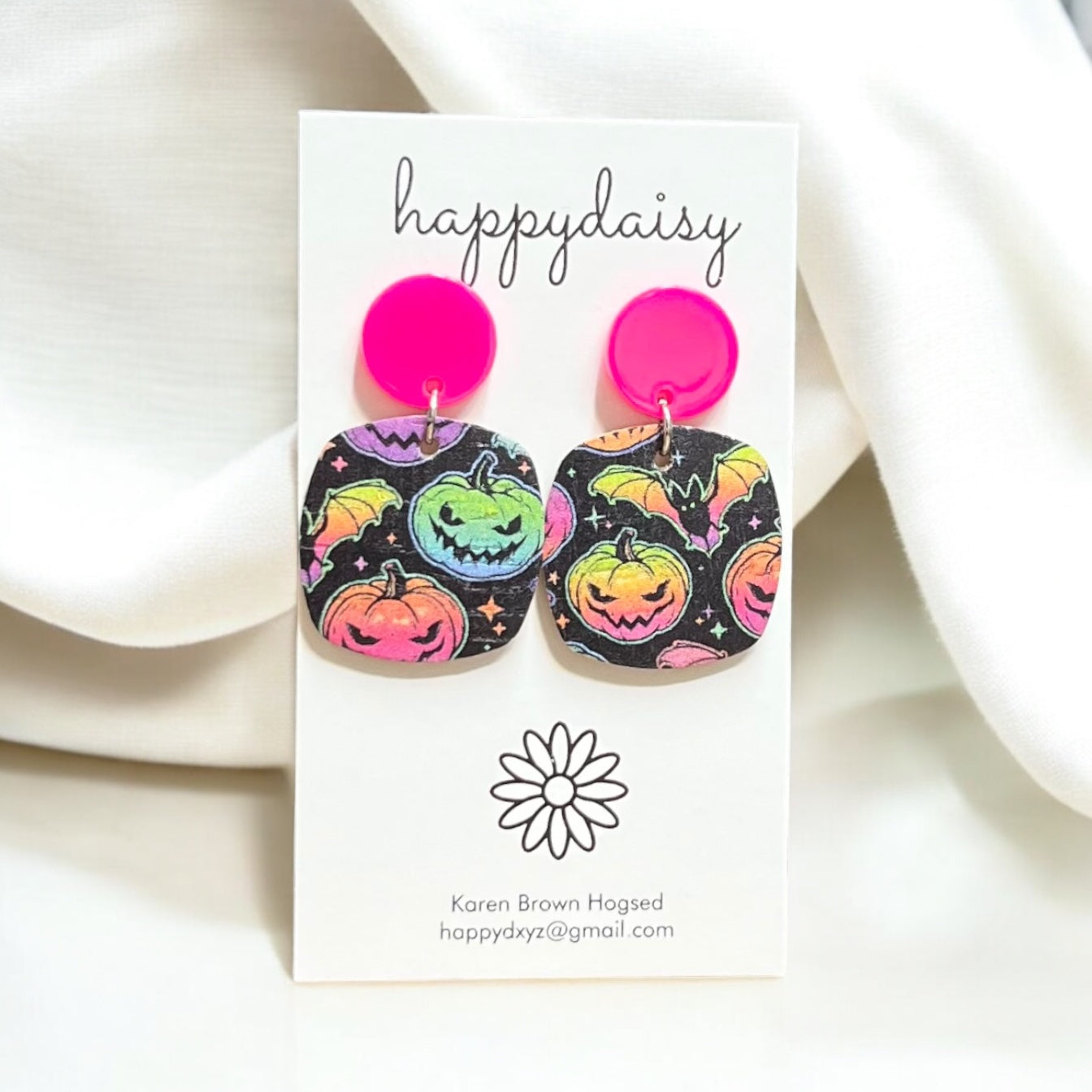 Halloween Jack-o-lantern Print Neon Cork on Leather Earrings