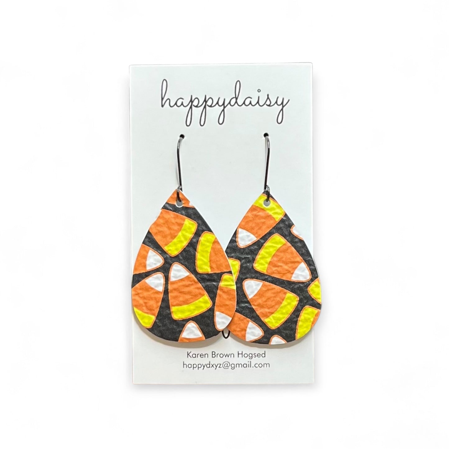 Halloween Candy Corn Print Orange Yellow Black Teardrop Leather Earrings