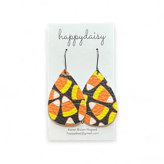 Halloween Candy Corn Print Orange Yellow Black Teardrop Leather Earrings