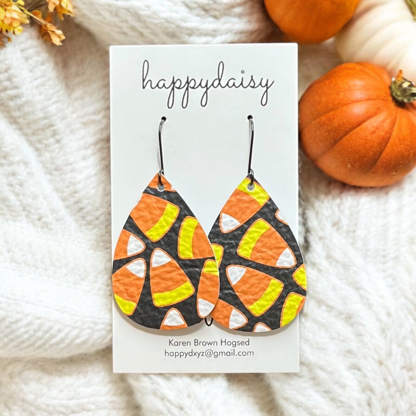 Halloween Candy Corn Print Orange Yellow Black Teardrop Leather Earrings