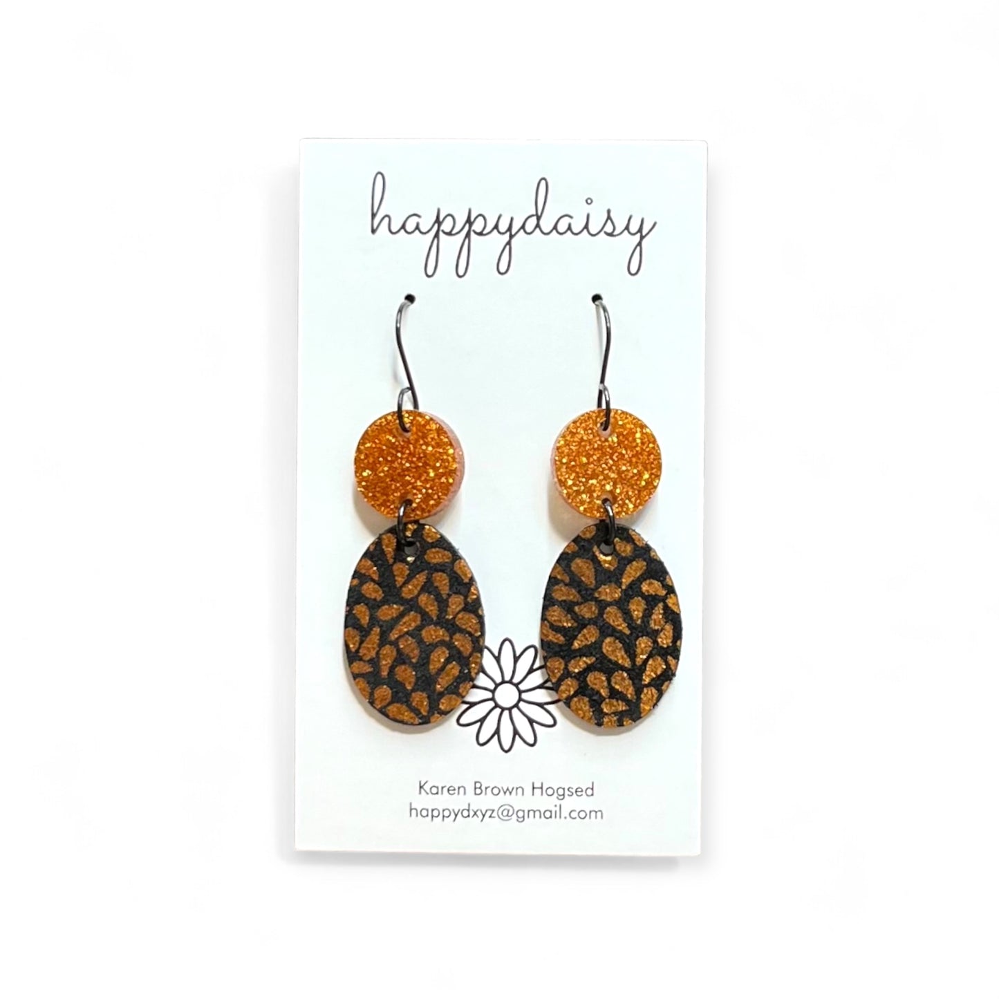 Halloween Orange Metallic Print on Black Leather Earrings