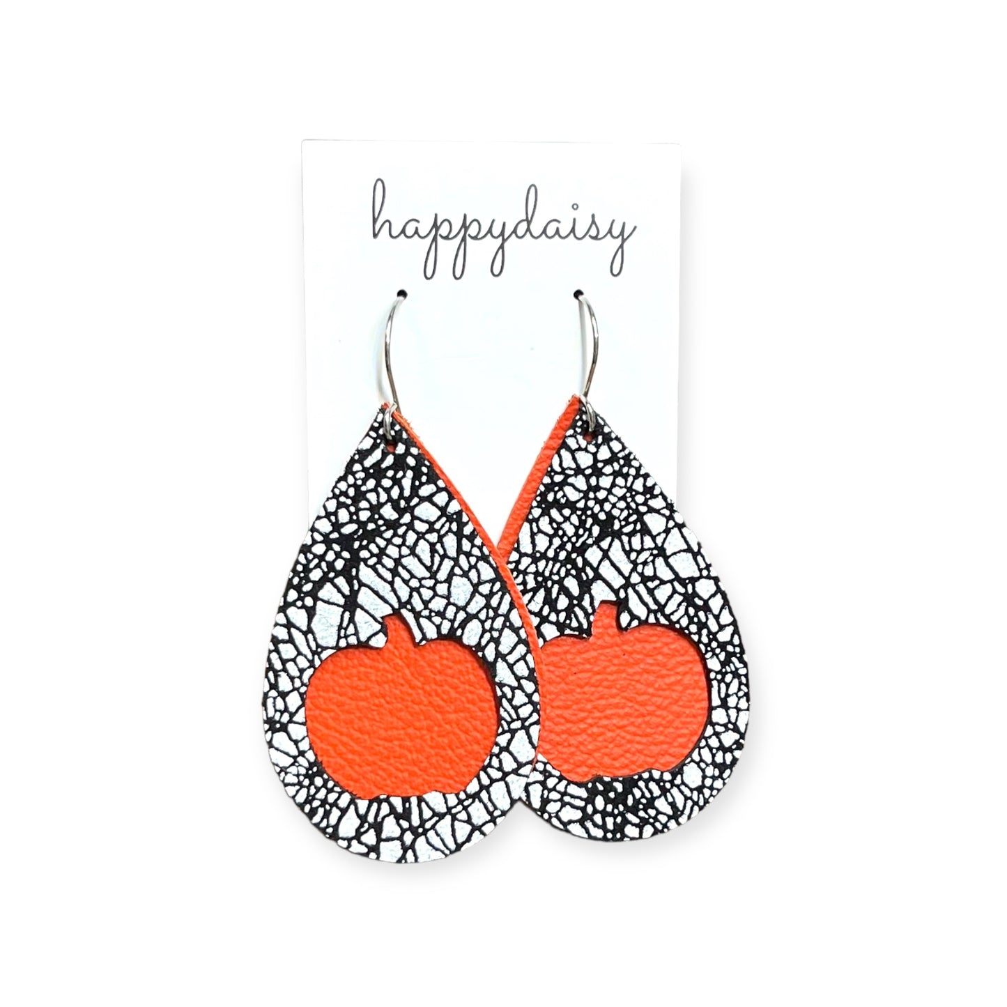 Halloween Black and White with Orange Pumpkin Cut-out Double Layer Leather Teardrop Earrings