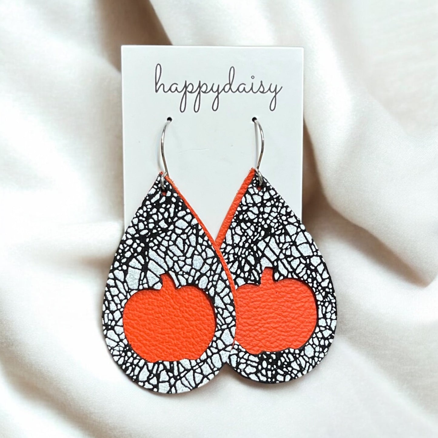 Halloween Black and White with Orange Pumpkin Cut-out Double Layer Leather Teardrop Earrings