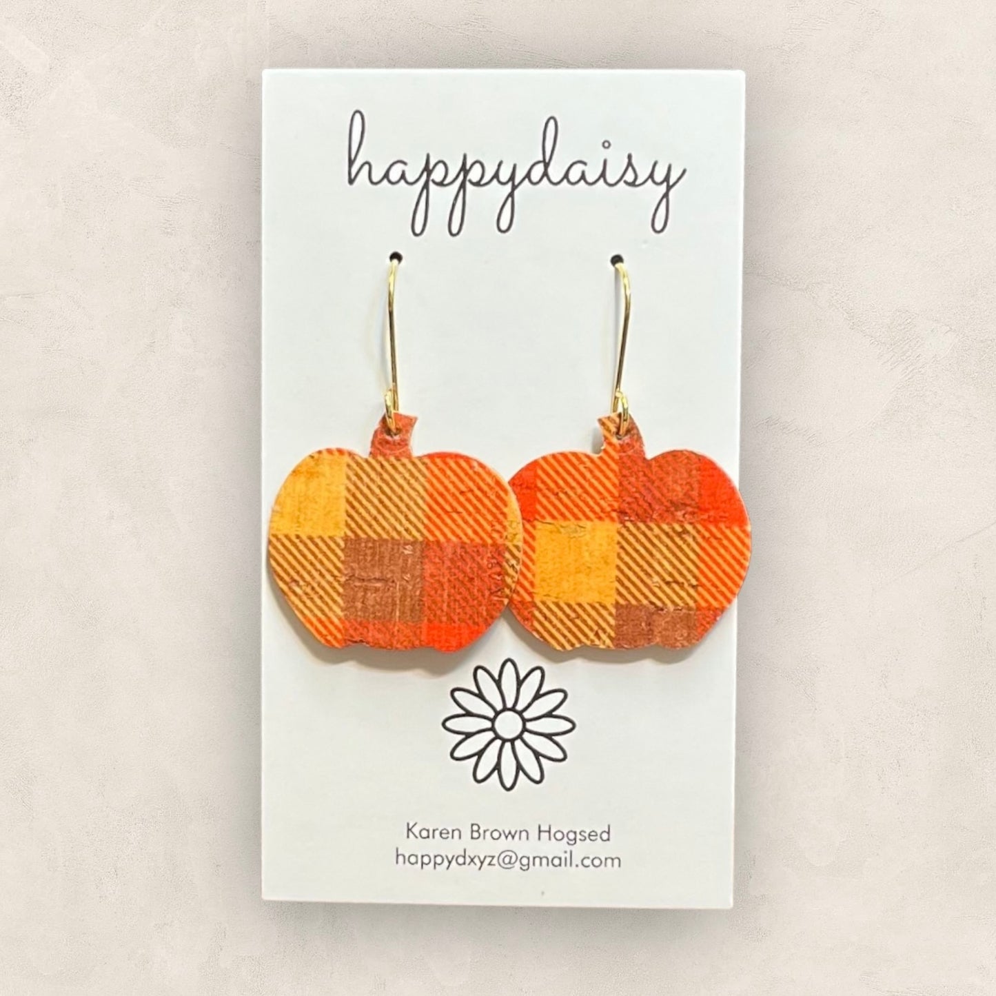 Fall Pumpkin-Shaped Orange and Brown Plaid Print Cork on Leather Earrings