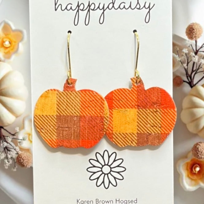 Fall Pumpkin-Shaped Orange and Brown Plaid Print Cork on Leather Earrings