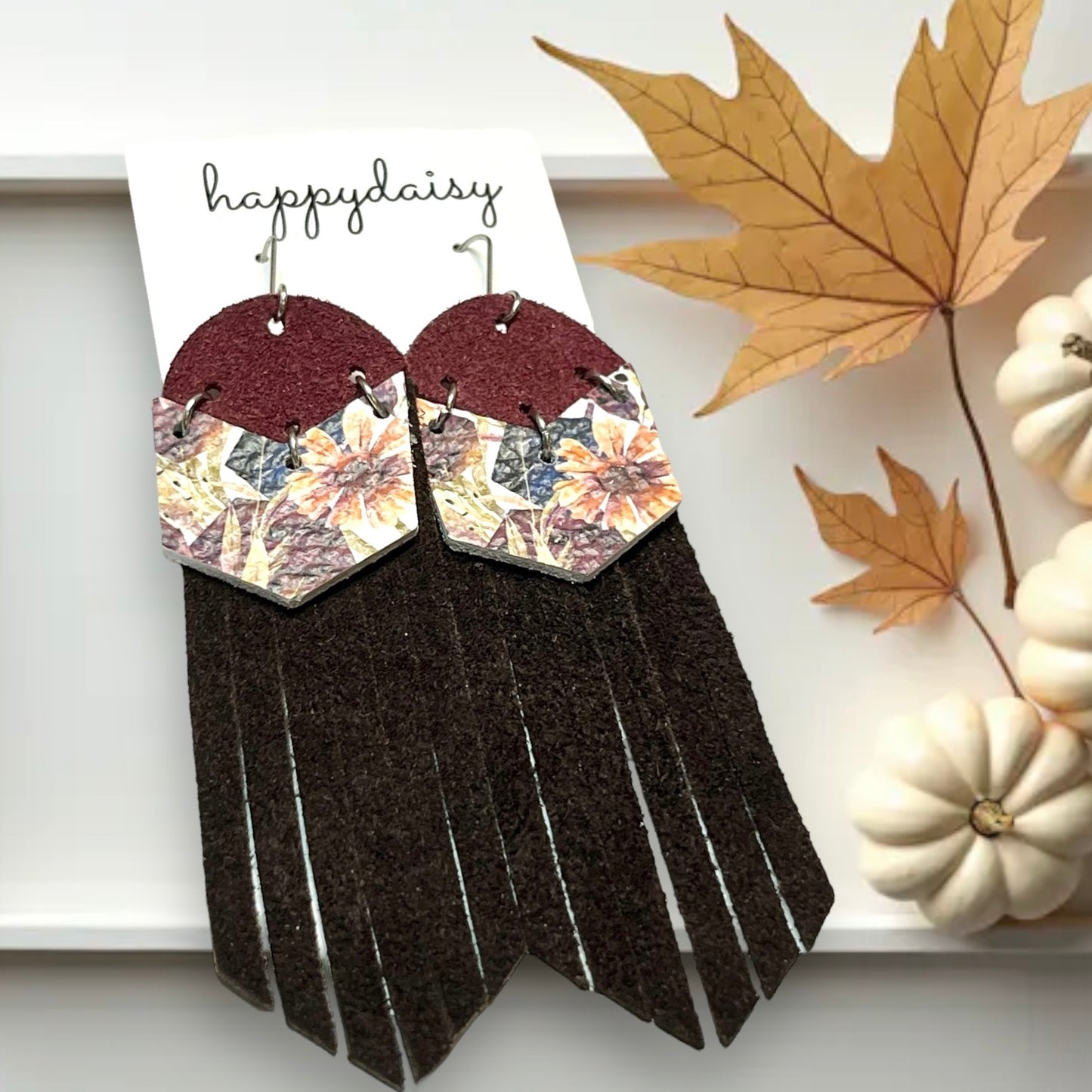 Fall Floral Print, Burgandy, Brown Leather Fringe Earrings