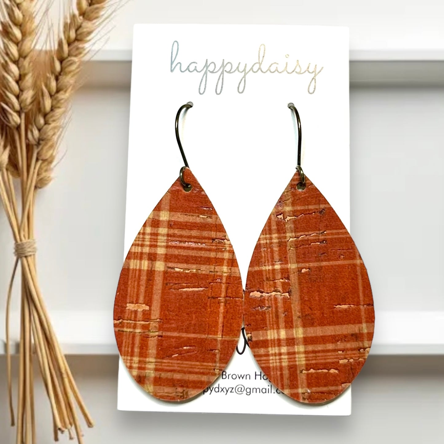 Fall Plaid Rust and Tan Cork on Leather Teardrop Earrings