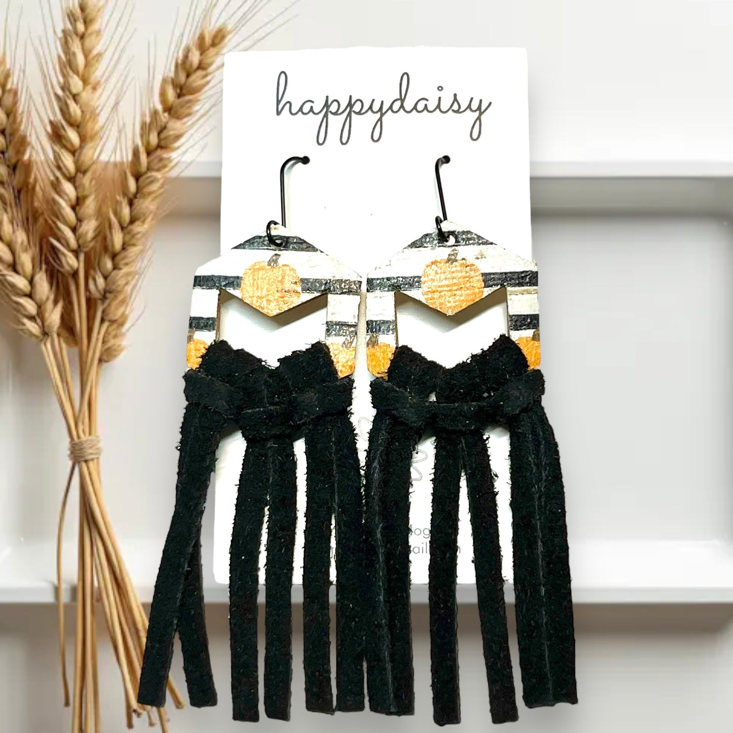 Fall Halloween Orange Black White Pumpkin Print Cork on Leather Seude Fringe Earrings