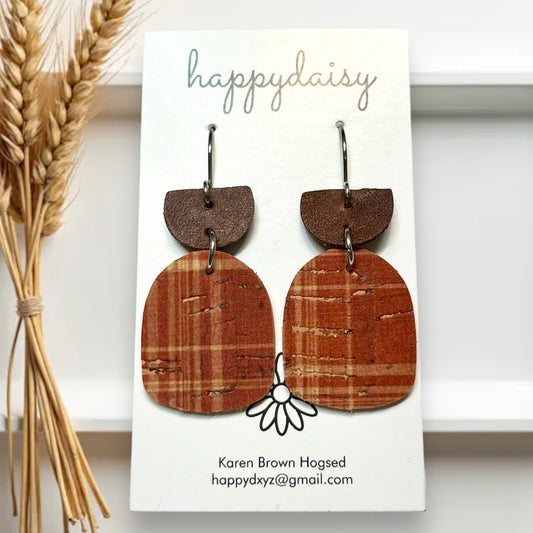 Fall Plaid Rust and Tan Cork on Leather Earrings