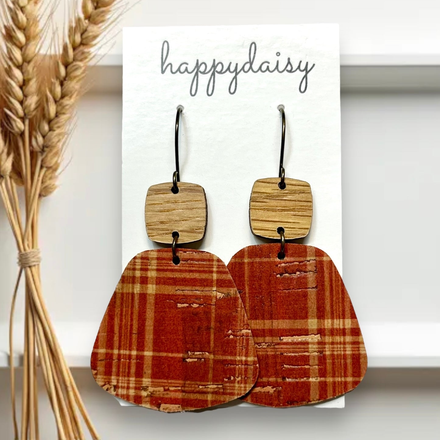 Fall Plaid Rust and Tan Cork on Leather Earrings