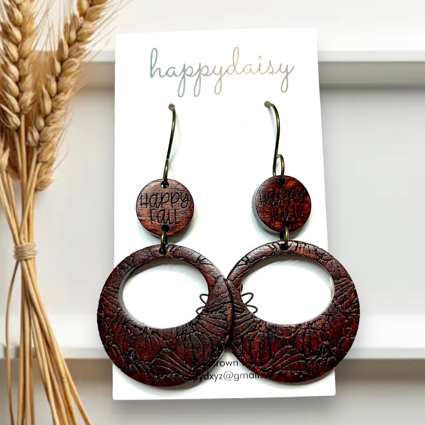 Fall "Happy Fall" Pumpkin Engraved Brown Wooden Earrings