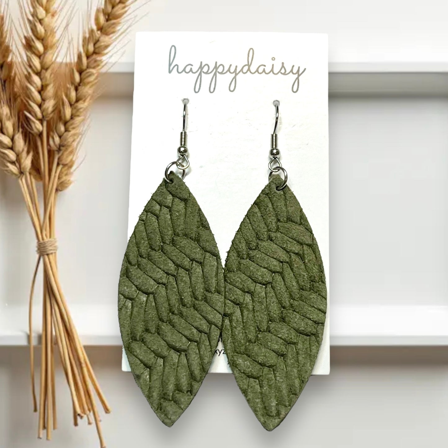 Fall Olive Green Braid Embossed Leather Leaf Earrings