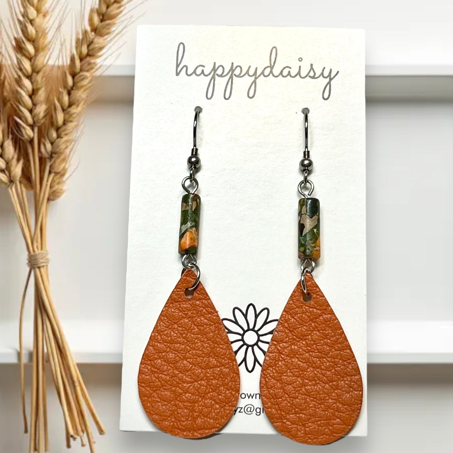 Fall Orange Leather Teardrop Earrings with Bead Accents