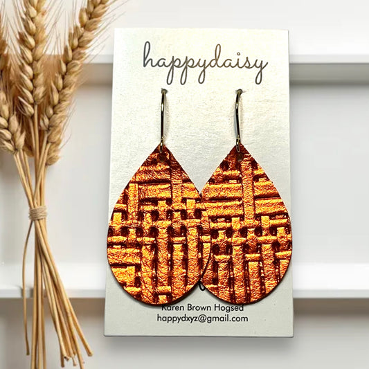 Fall Weave Embossed Metallic Orange Leather Teardrop Earrings