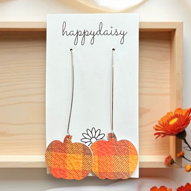 Fall Pumpkin-Shaped Orange and Brown Plaid Print Leather Earrings