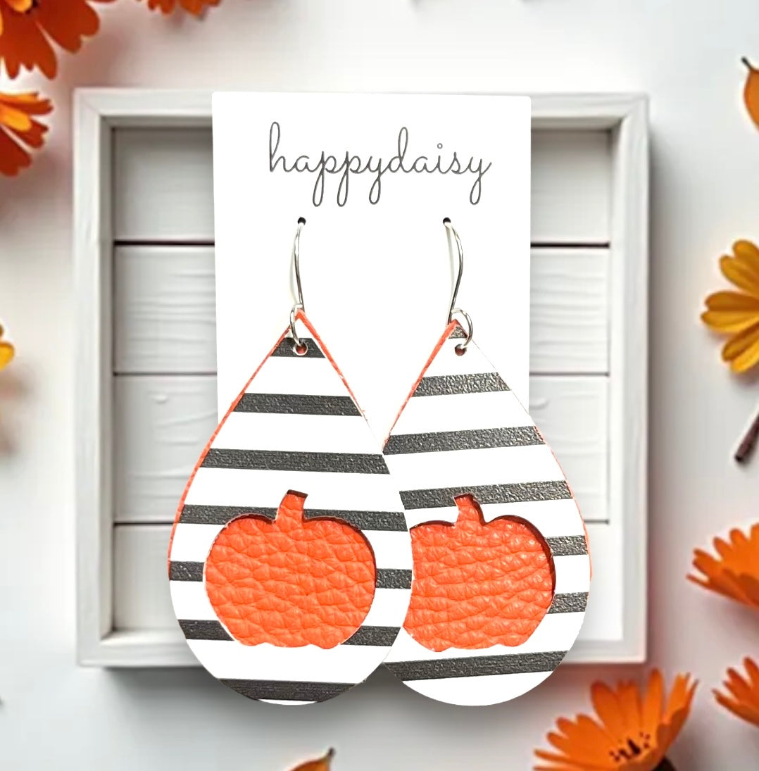 Fall Black and White Stripes with Orange Pumpkin Cut-out Double Layer Leather Teardrop Earrings