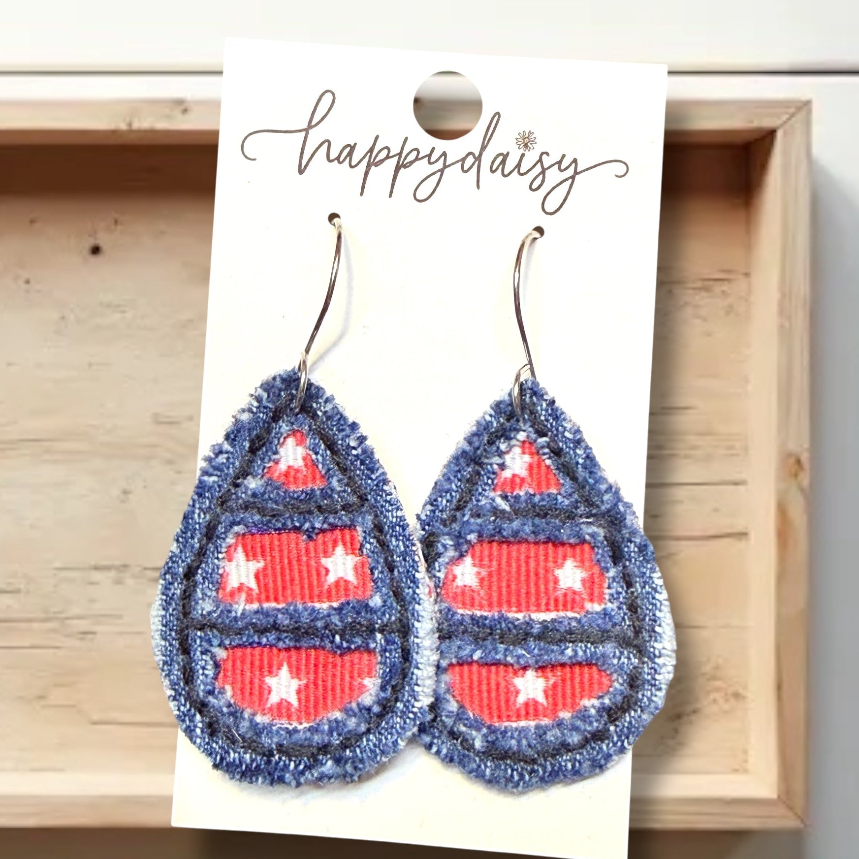 Denim Stars Hand Sewn Teardrop Earrings