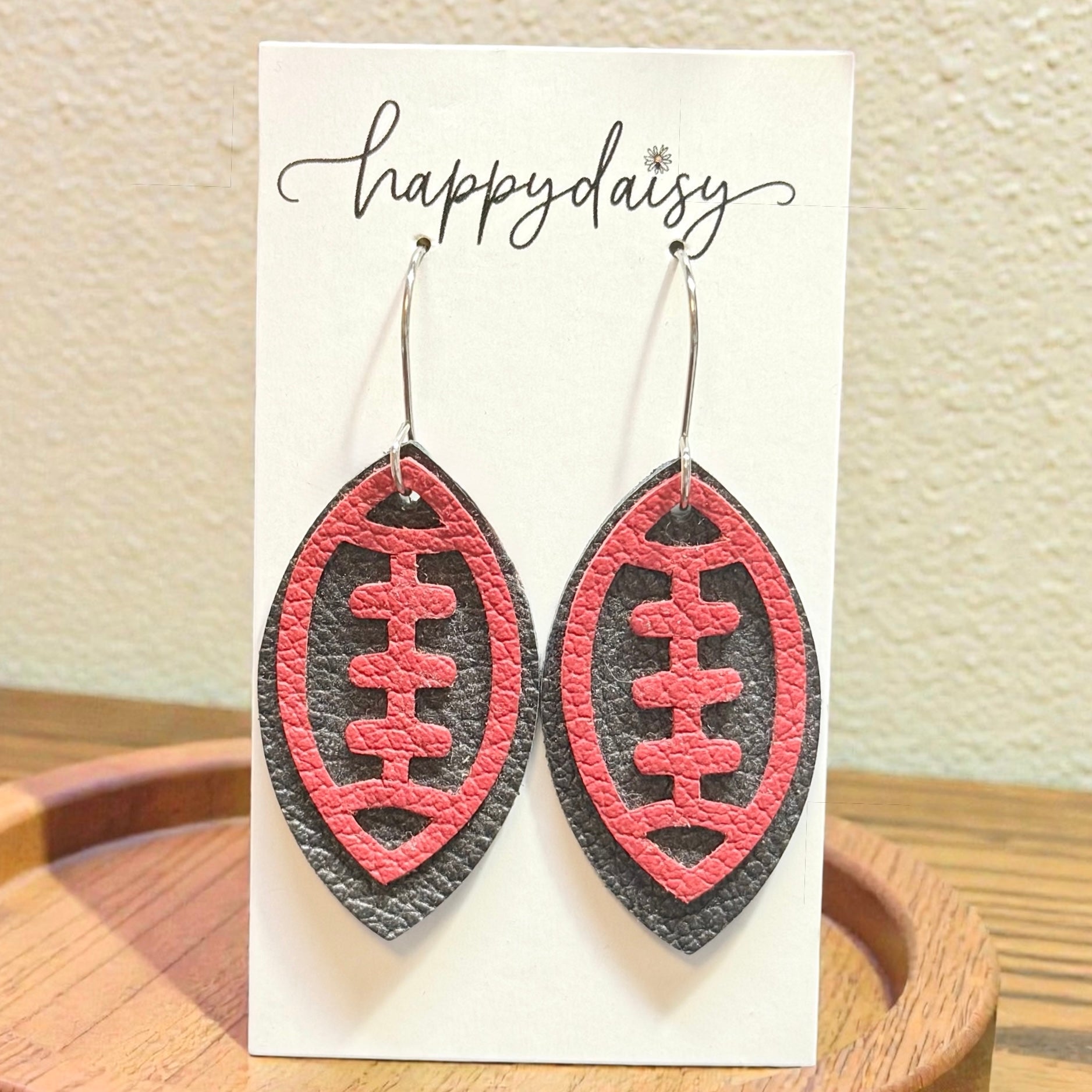 Football Red & Black Leather Earrings