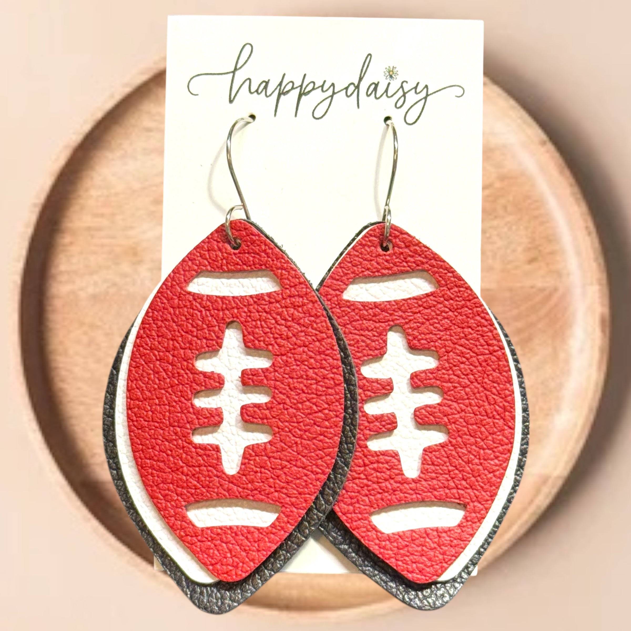 Football Red Black & White Leather Earrings
