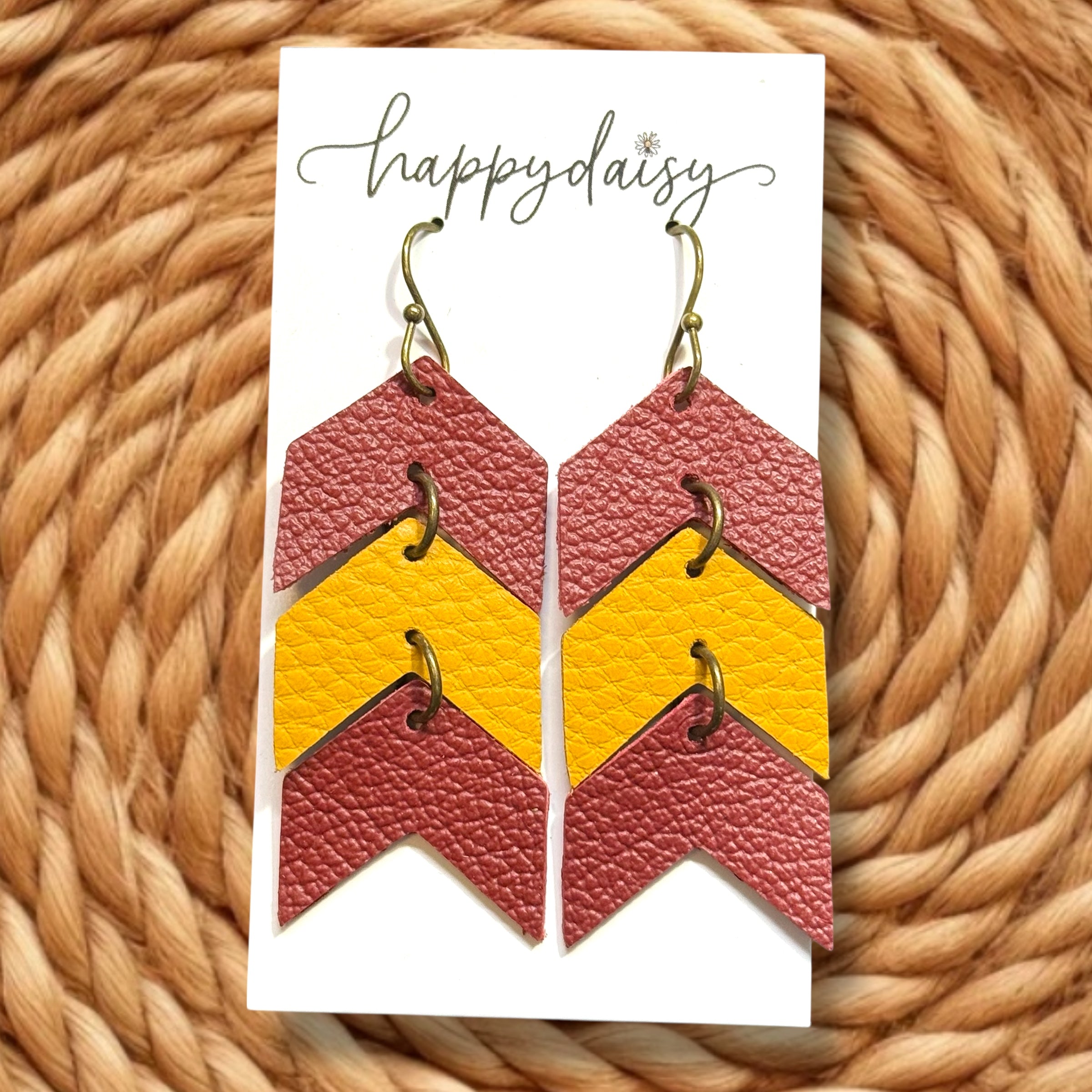 Football Sports Team Red & Gold Triple Chevron Leather Earrings