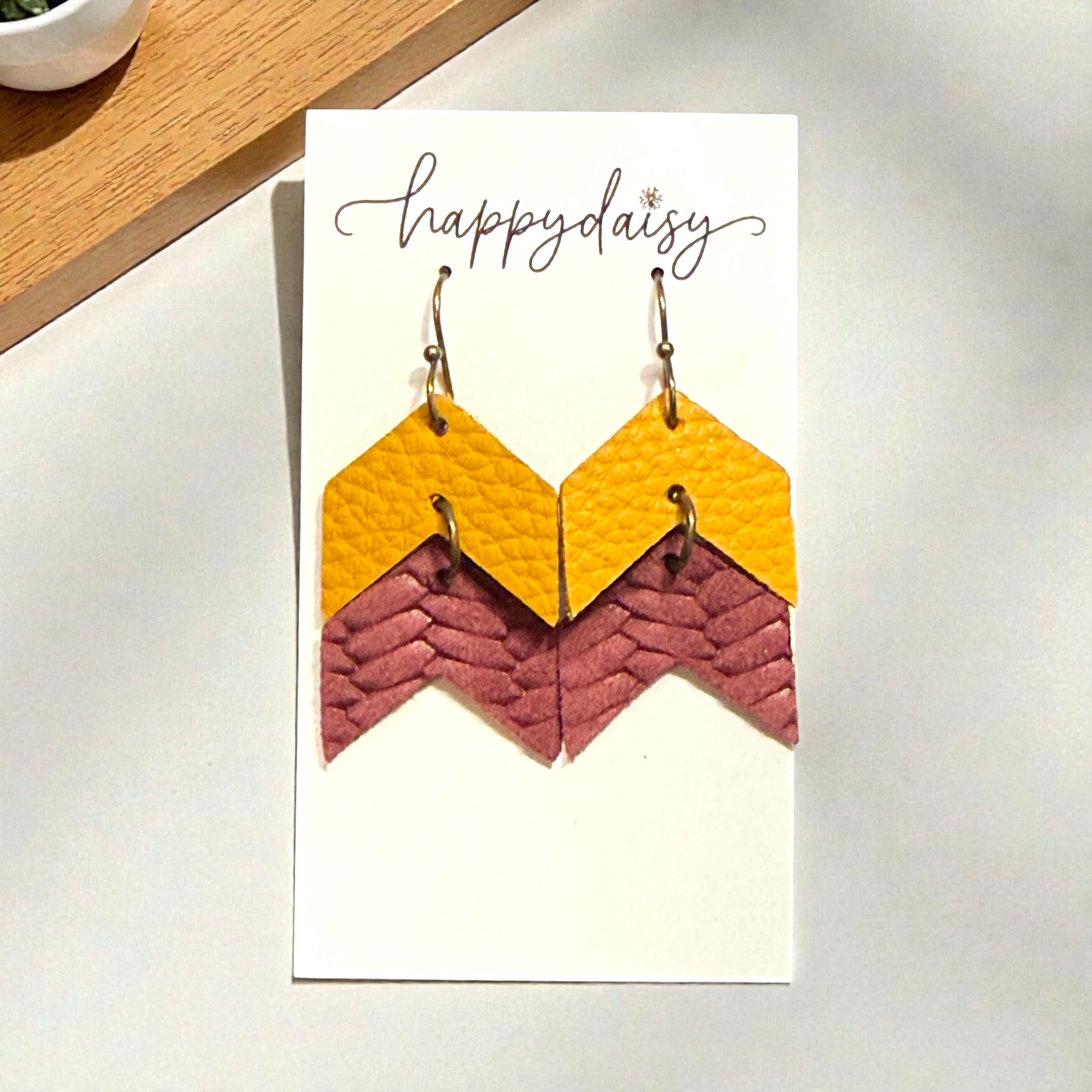 Football Sports Team Red & Gold Double Chevron Leather Earrings