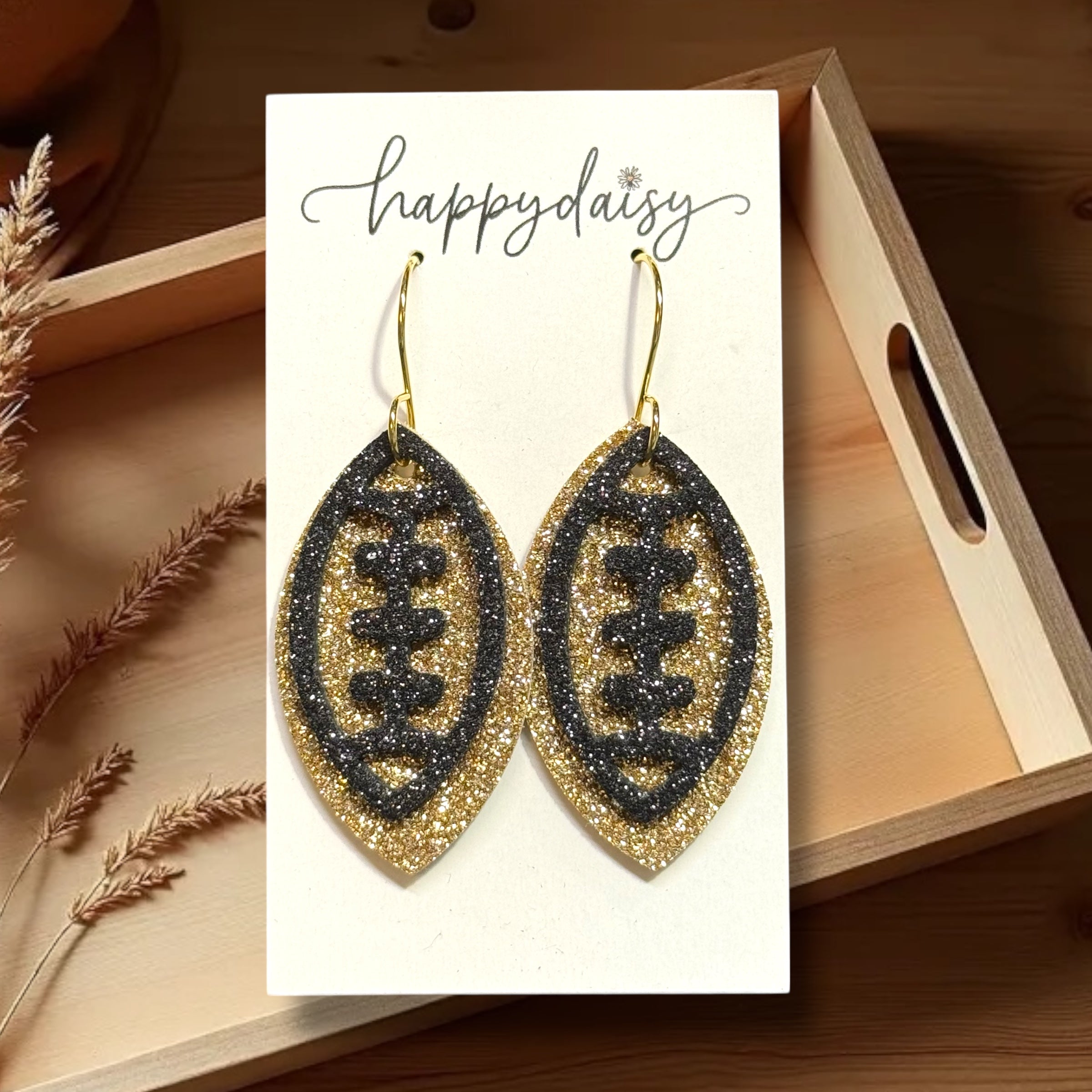 Football Black & Gold Gliltter on Leather Earrings