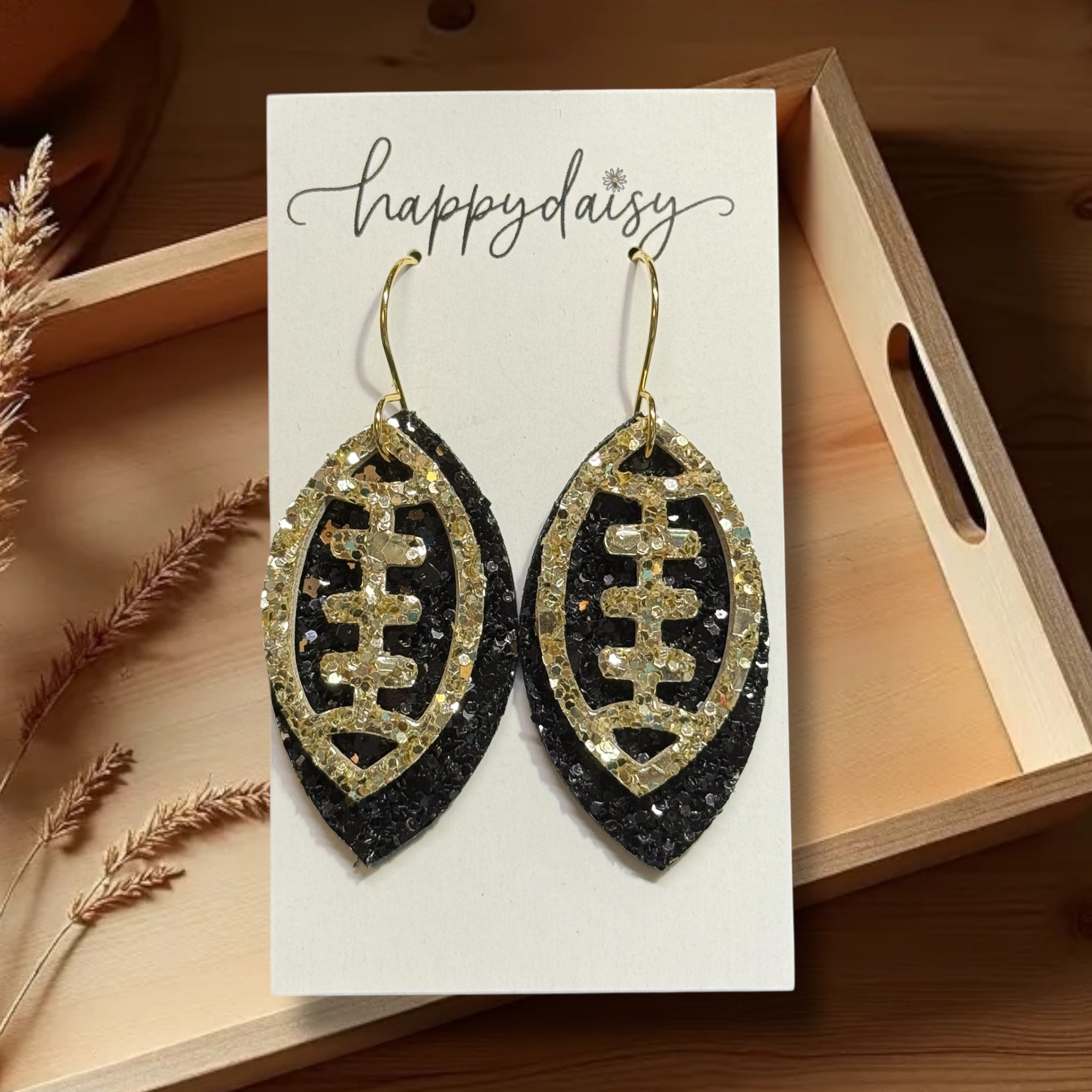 Football Black & Gold Gliltter on Leather Earrings