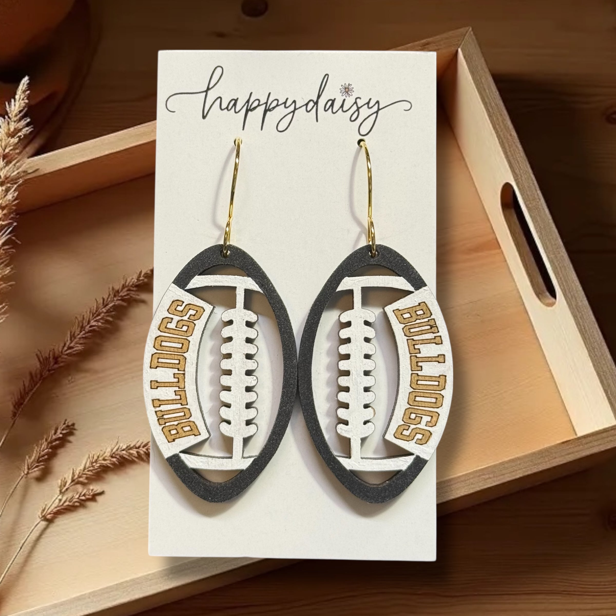 Football Bulldogs Black Gold & White Wood Earrings