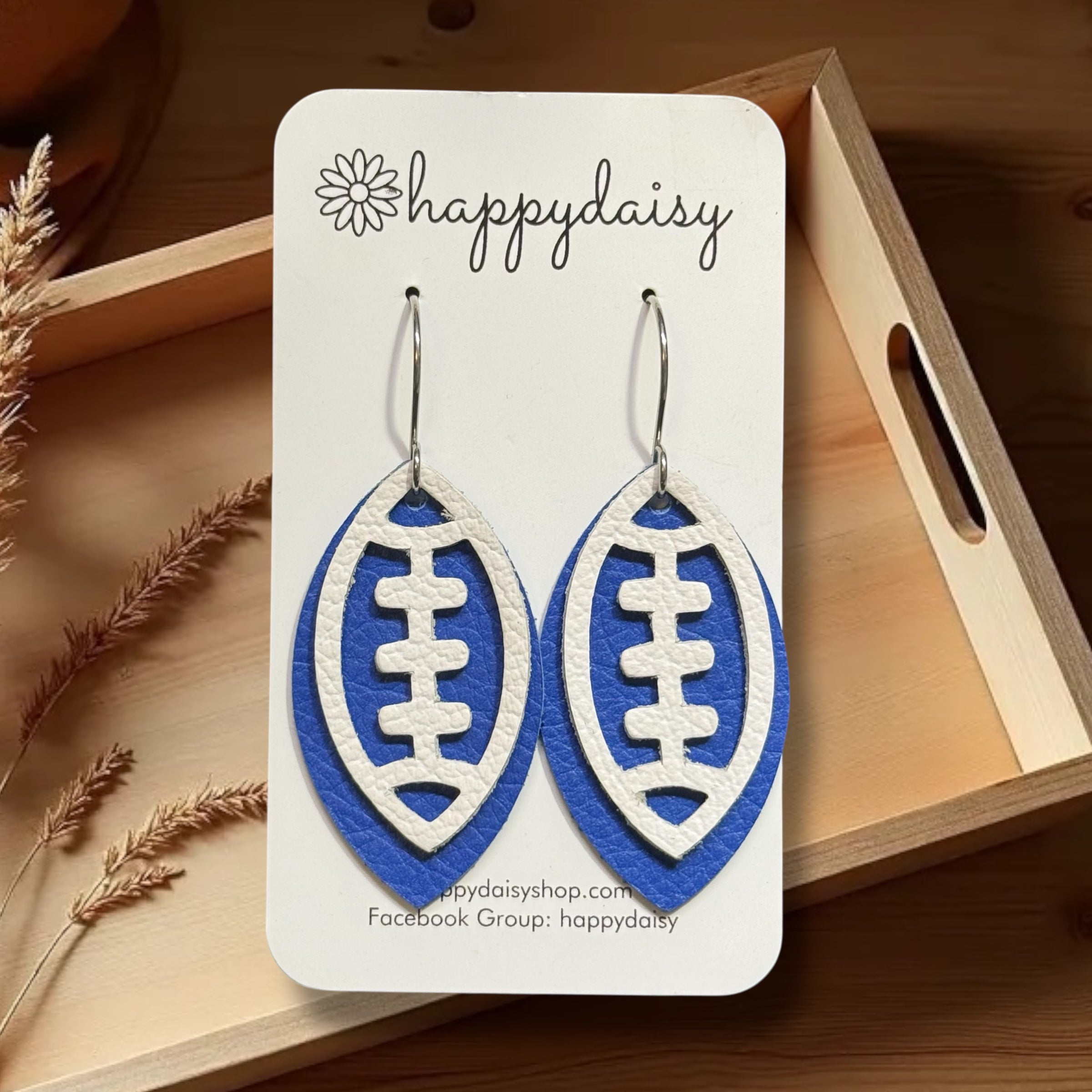 Football White & Blue Leather Earrings