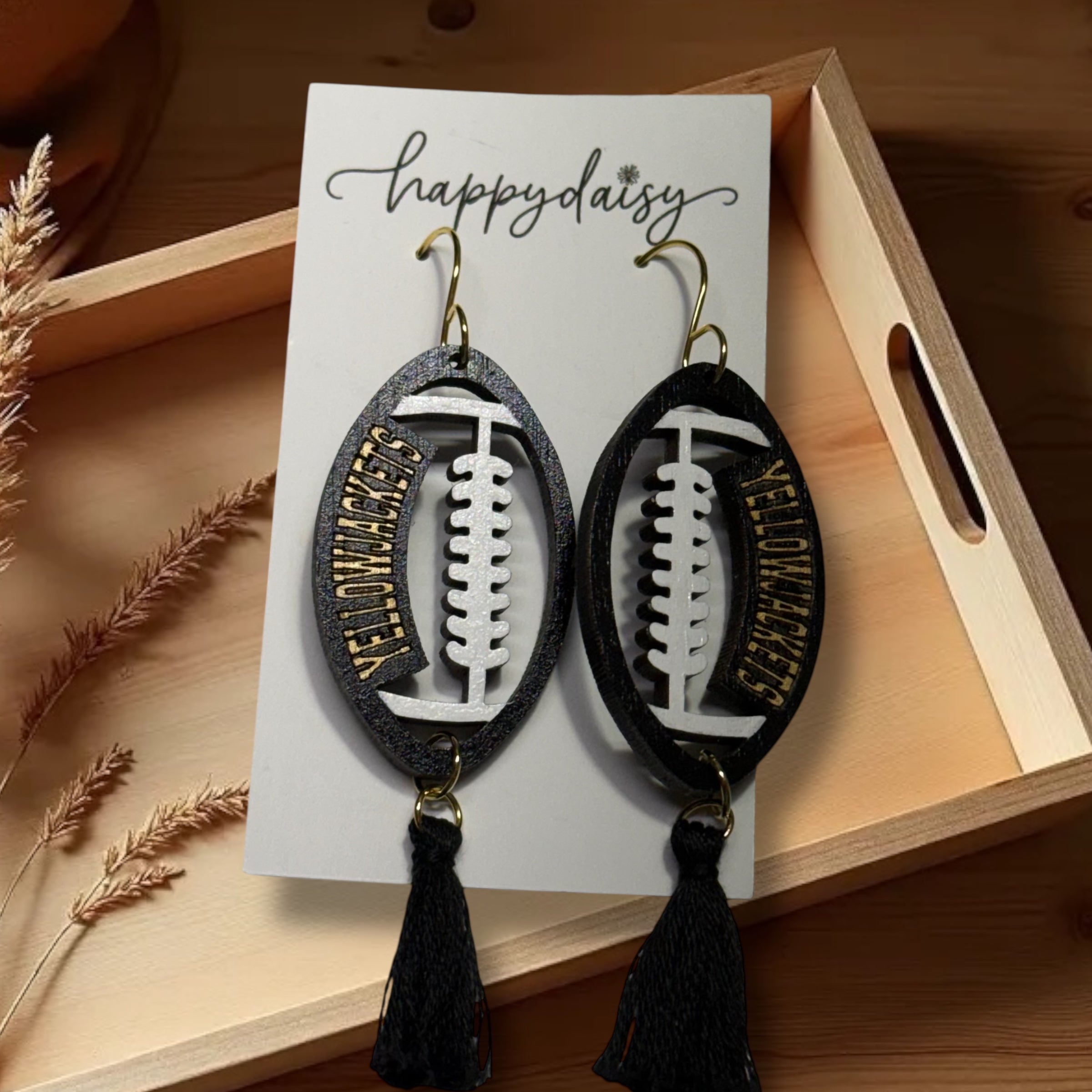 Football Yellowjackets Black & Gold Wood Earrings with Tassels