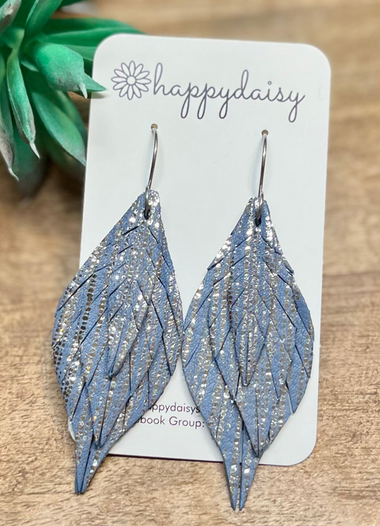 Blue with Metallic Leather 3 Layer Fringed Feather Earrings